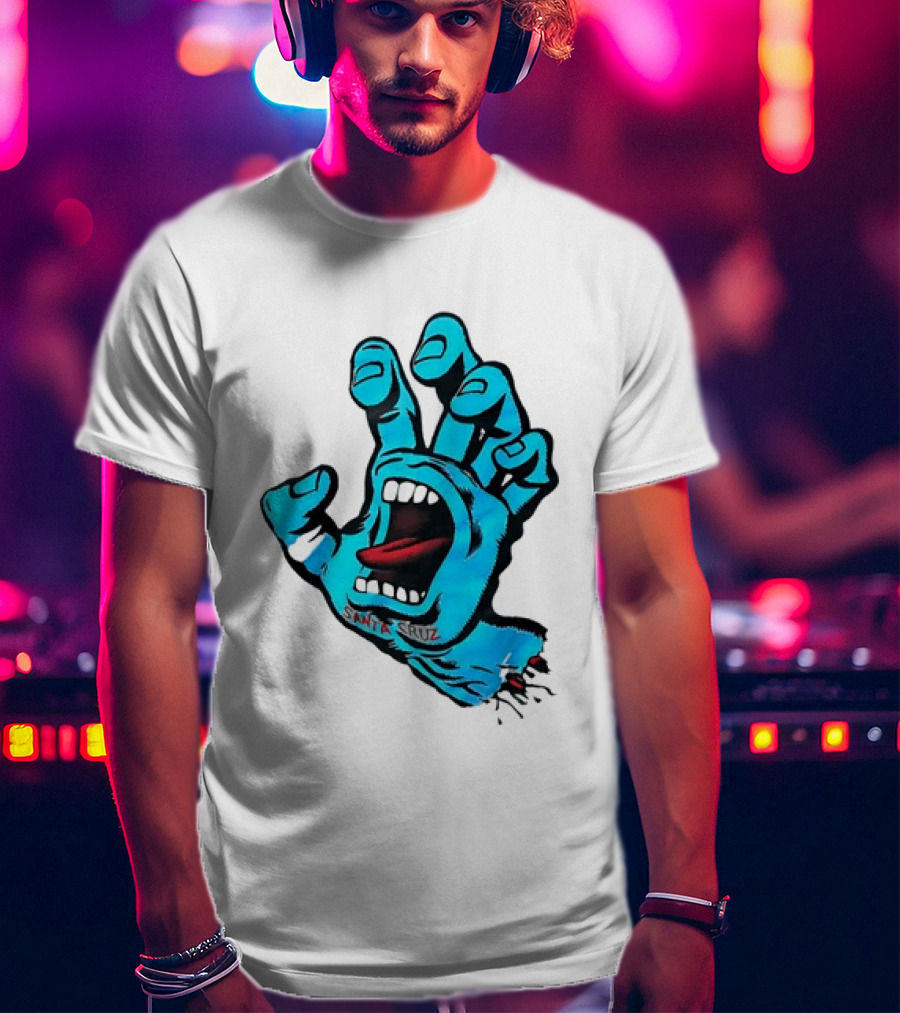 Santa Cruz Blue Screaming Hand Open Mouth Tongue Cartoon T-Shirt
