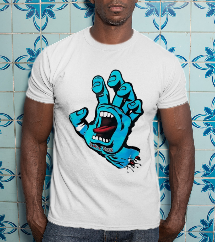 Santa Cruz Blue Screaming Hand Open Mouth Tongue Cartoon T-Shirt