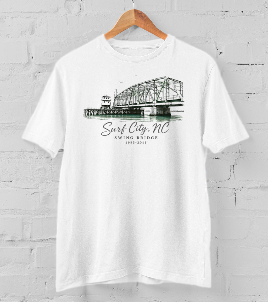 Surf City NC Swing Bridge 1955 2018 Water Birds Coastal Pier Green Watercolor T-Shirt