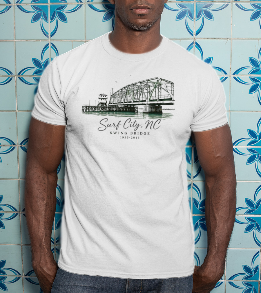 Surf City NC Swing Bridge 1955 2018 Water Birds Coastal Pier Green Watercolor T-Shirt