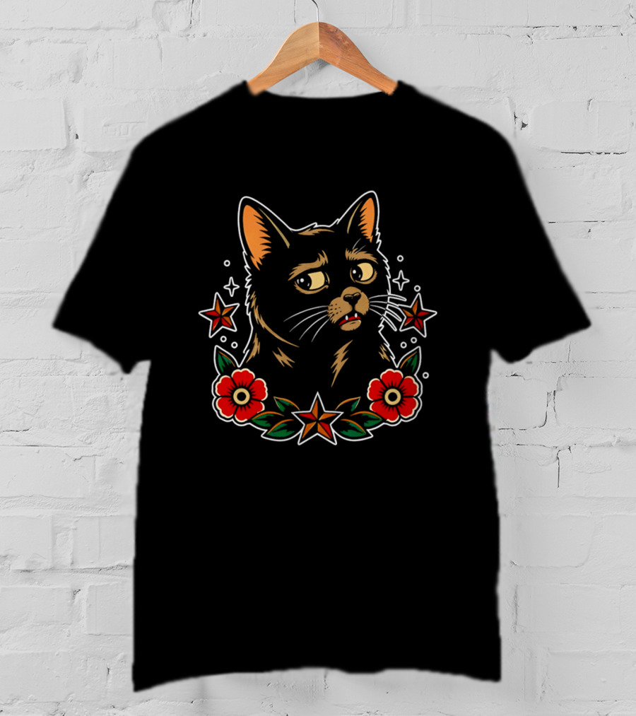 Black Cat Surrounded By Stars And Red Flowers T-Shirt