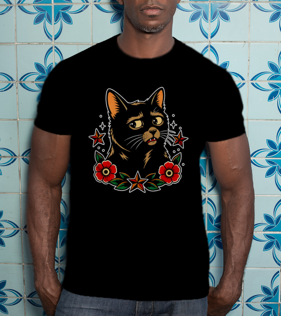 Black Cat Surrounded By Stars And Red Flowers T-Shirt