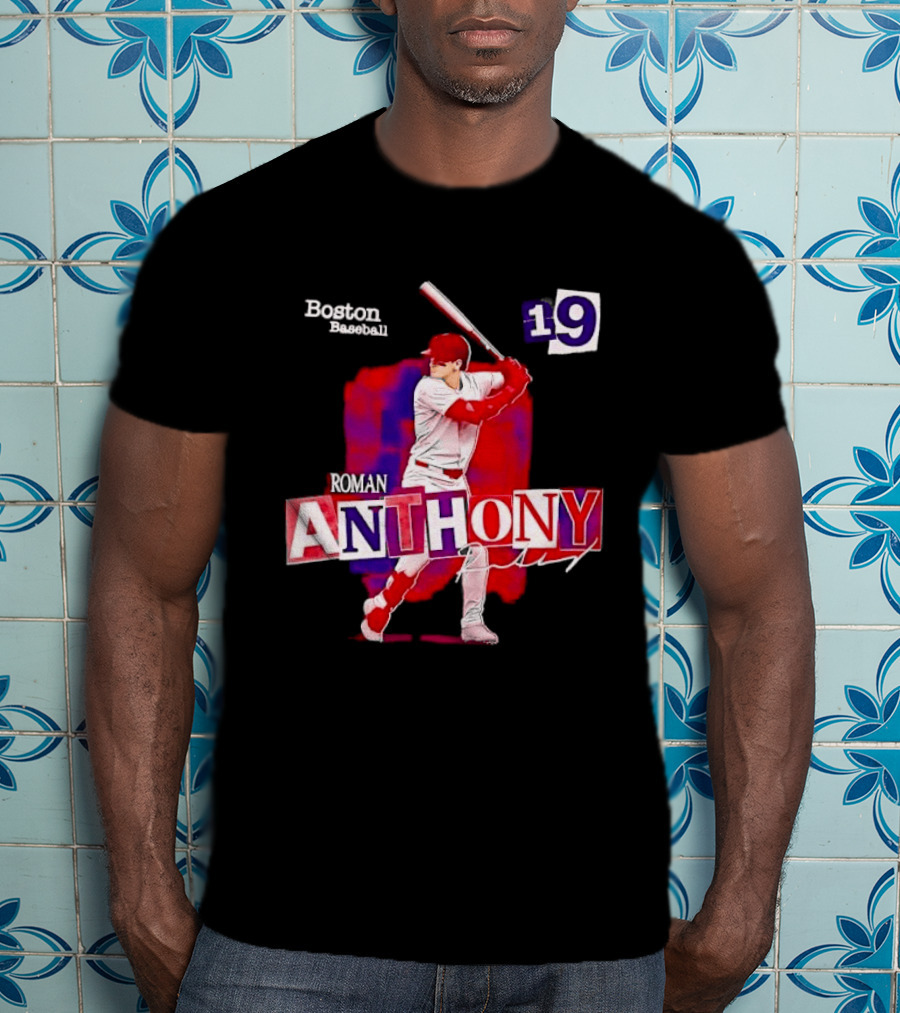 Boston Baseball 19 Roman Anthony Player Batting Red Paint T-Shirt