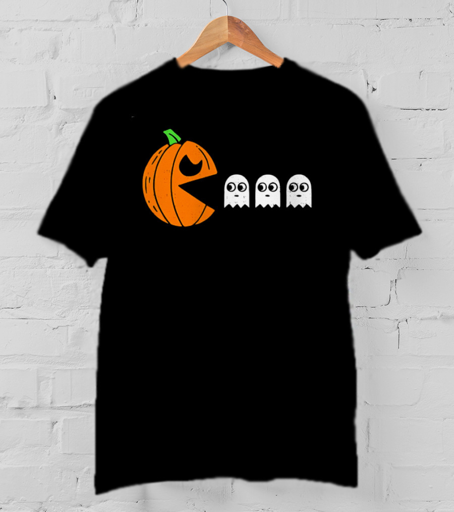 Halloween Pumpkin Pac Man Chasing White Ghosts Distressed Cartoon T-Shirt