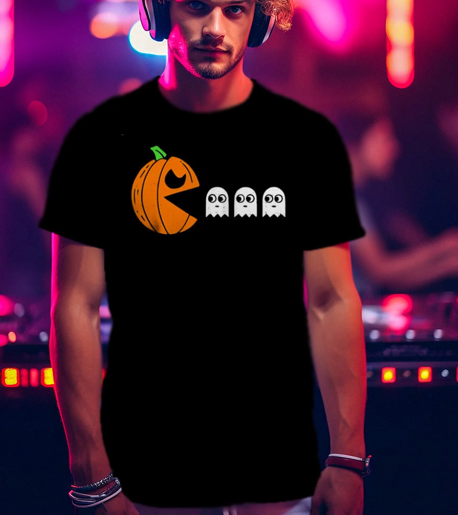 Halloween Pumpkin Pac Man Chasing White Ghosts Distressed Cartoon T-Shirt