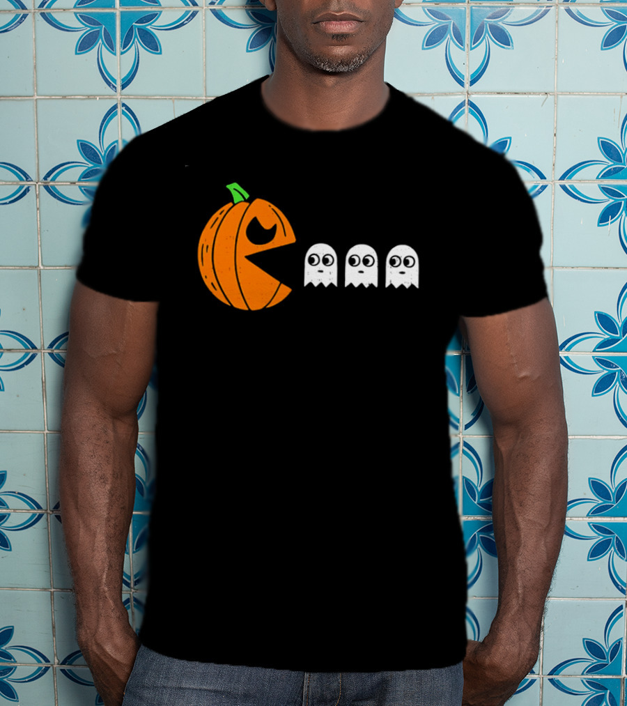 Halloween Pumpkin Pac Man Chasing White Ghosts Distressed Cartoon T-Shirt