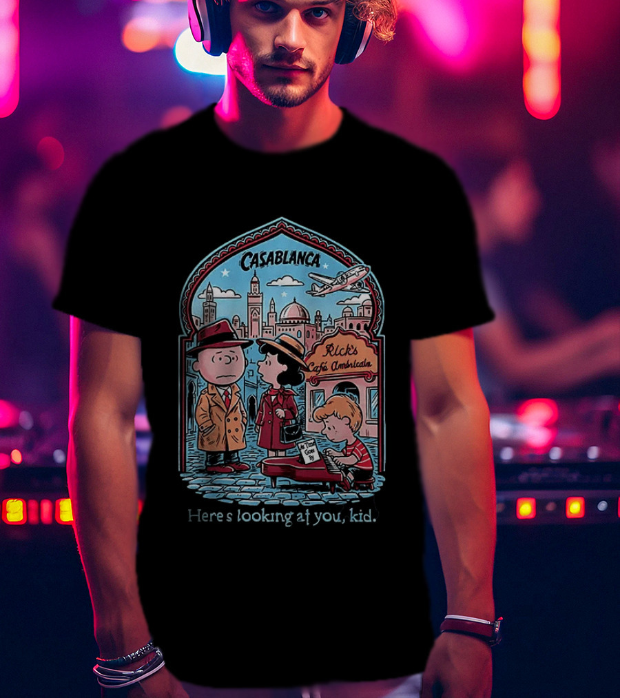 Charlie Brown Lucy Linus Peanuts Casablanca Rick's Café Americain Here's Looking At You Kid T-Shirt