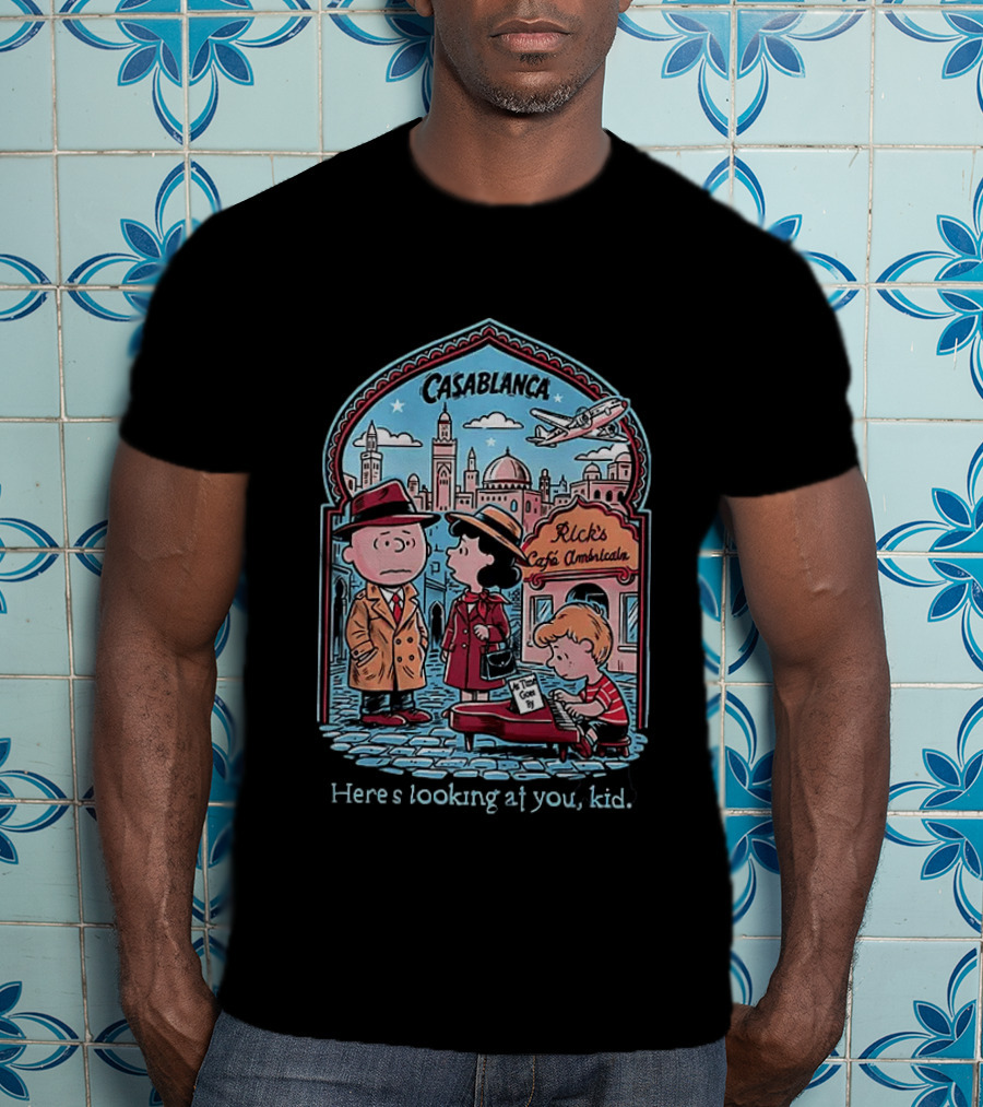 Charlie Brown Lucy Linus Peanuts Casablanca Rick's Café Americain Here's Looking At You Kid T-Shirt