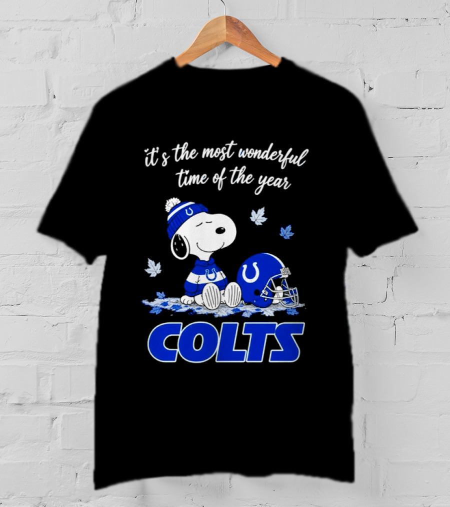 Indianapolis Colts Snoopy Beanie Helmet Leaves It's The Most Wonderful Time Of The Year T-Shirt