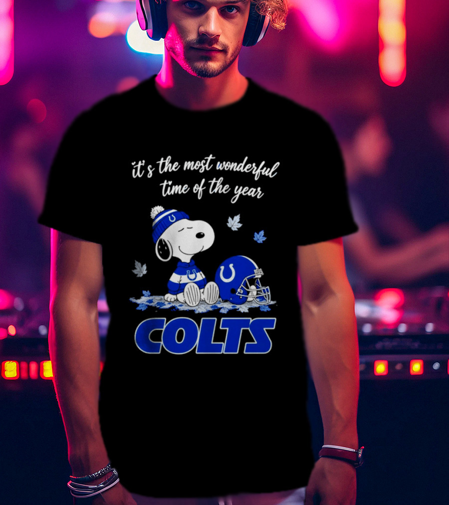 Indianapolis Colts Snoopy Beanie Helmet Leaves It's The Most Wonderful Time Of The Year T-Shirt