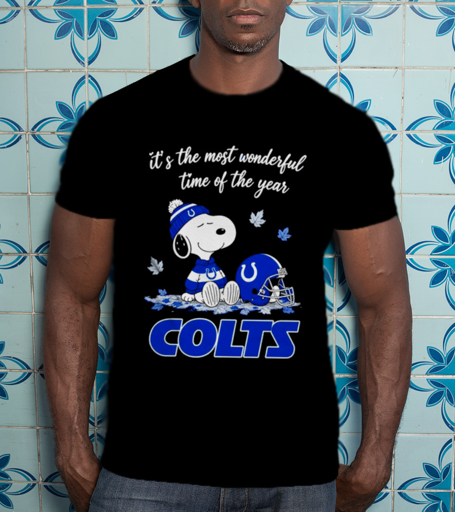 Indianapolis Colts Snoopy Beanie Helmet Leaves It's The Most Wonderful Time Of The Year T-Shirt