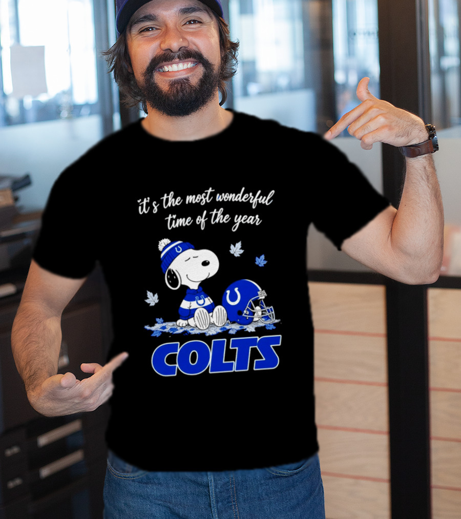 Indianapolis Colts Snoopy Beanie Helmet Leaves It's The Most Wonderful Time Of The Year T-Shirt