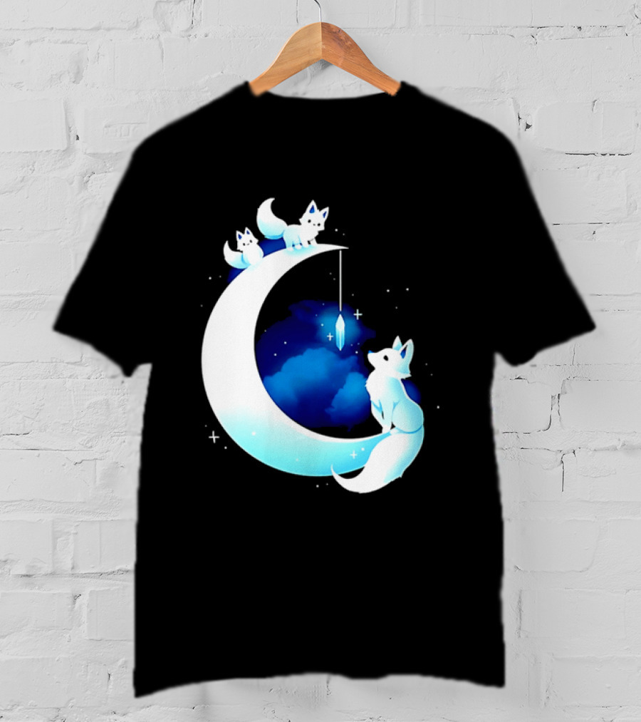 Glowing White Arctic Foxes Crescent Moon Crystal Night Sky T-Shirt