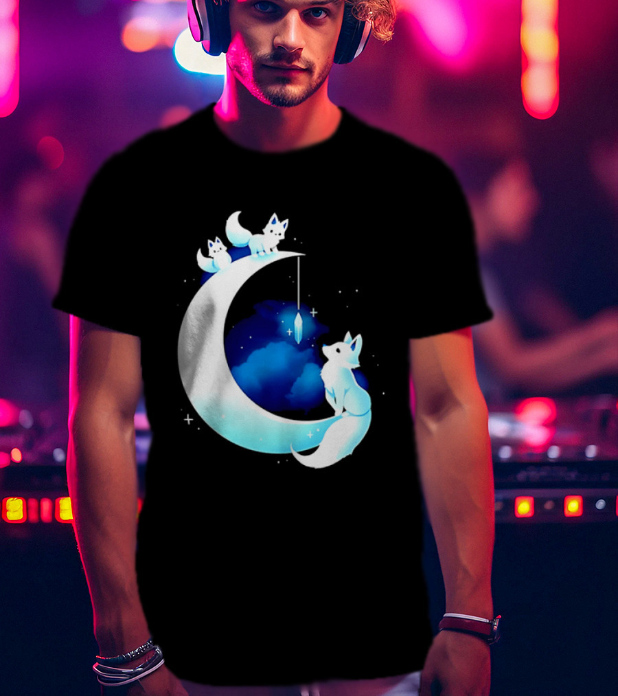 Glowing White Arctic Foxes Crescent Moon Crystal Night Sky T-Shirt