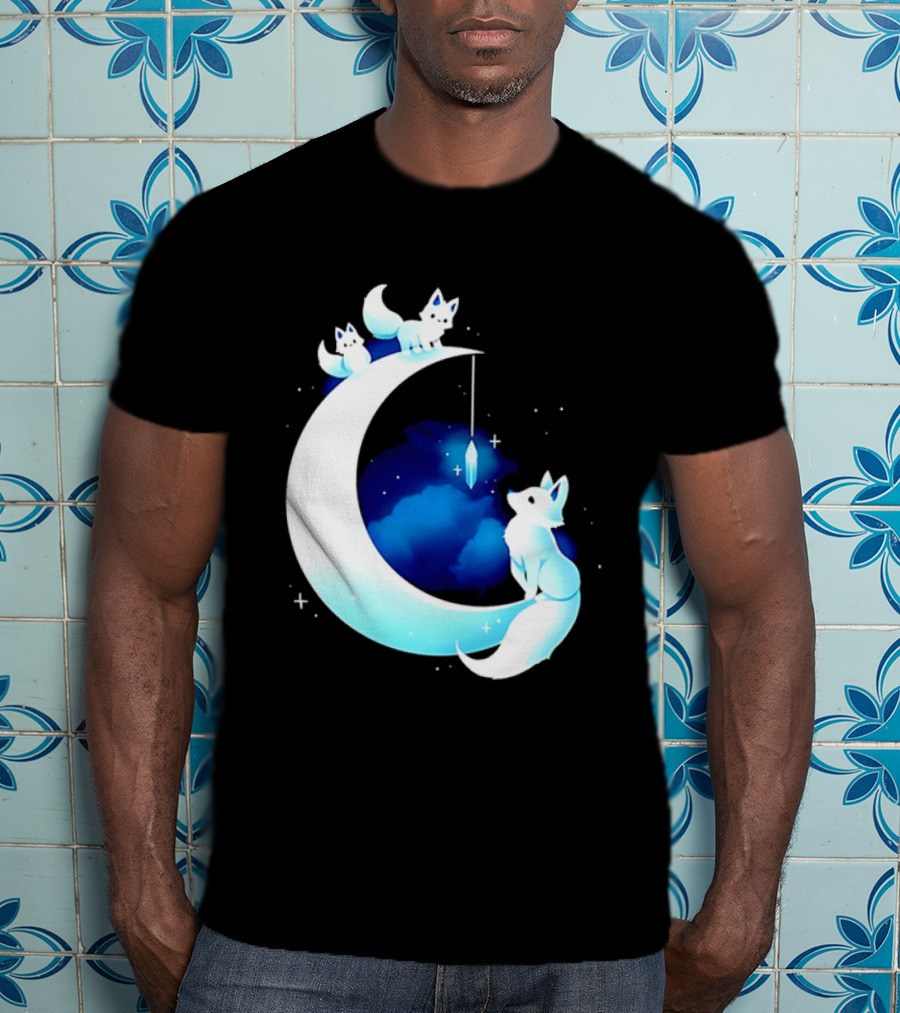 Glowing White Arctic Foxes Crescent Moon Crystal Night Sky T-Shirt