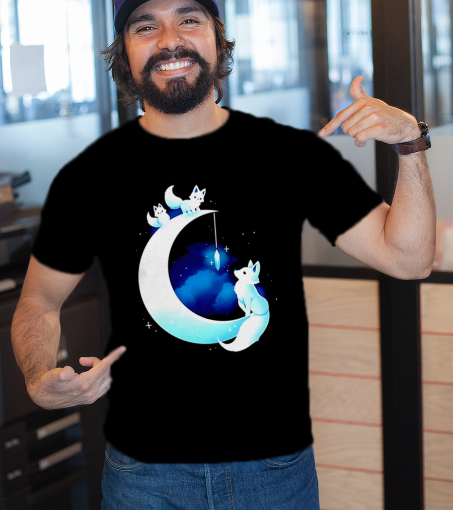 Glowing White Arctic Foxes Crescent Moon Crystal Night Sky T-Shirt