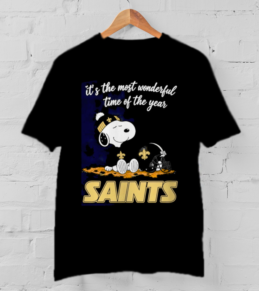 New Orleans Saints Snoopy Beanie Helmet Autumn Leaves Most Wonderful Time Of Year T-Shirt