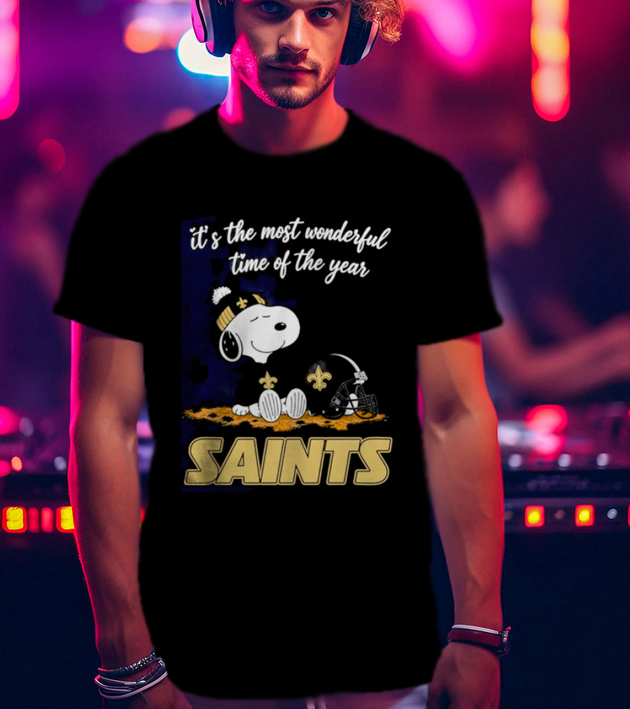 New Orleans Saints Snoopy Beanie Helmet Autumn Leaves Most Wonderful Time Of Year T-Shirt