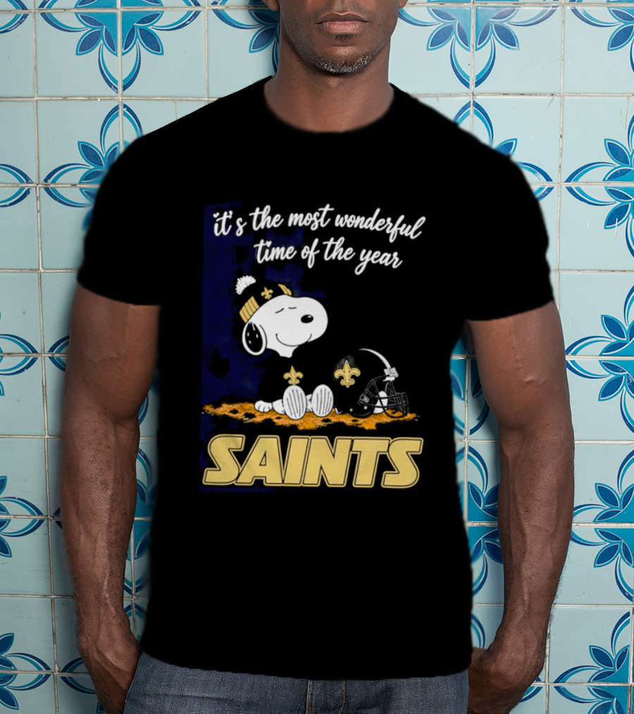 New Orleans Saints Snoopy Beanie Helmet Autumn Leaves Most Wonderful Time Of Year T-Shirt