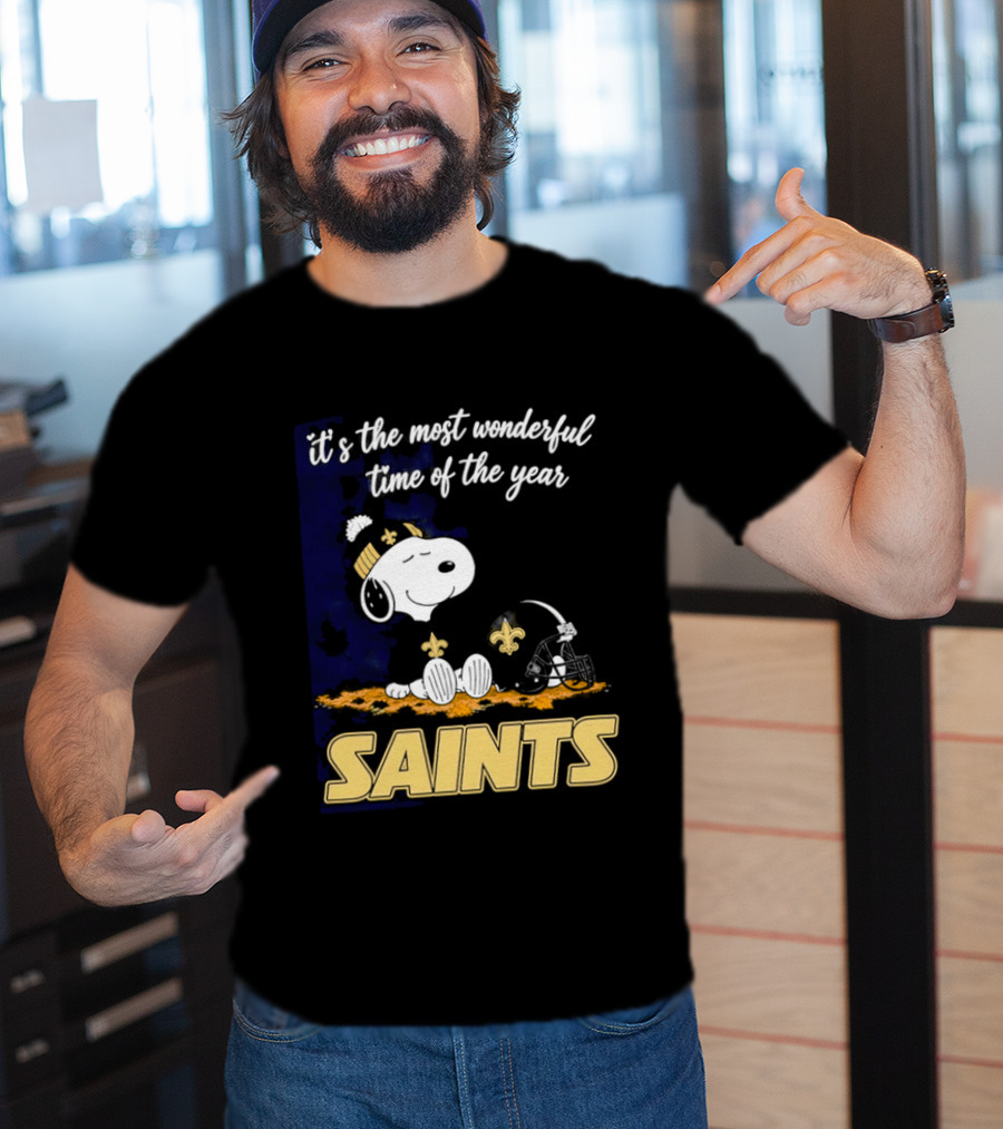 New Orleans Saints Snoopy Beanie Helmet Autumn Leaves Most Wonderful Time Of Year T-Shirt