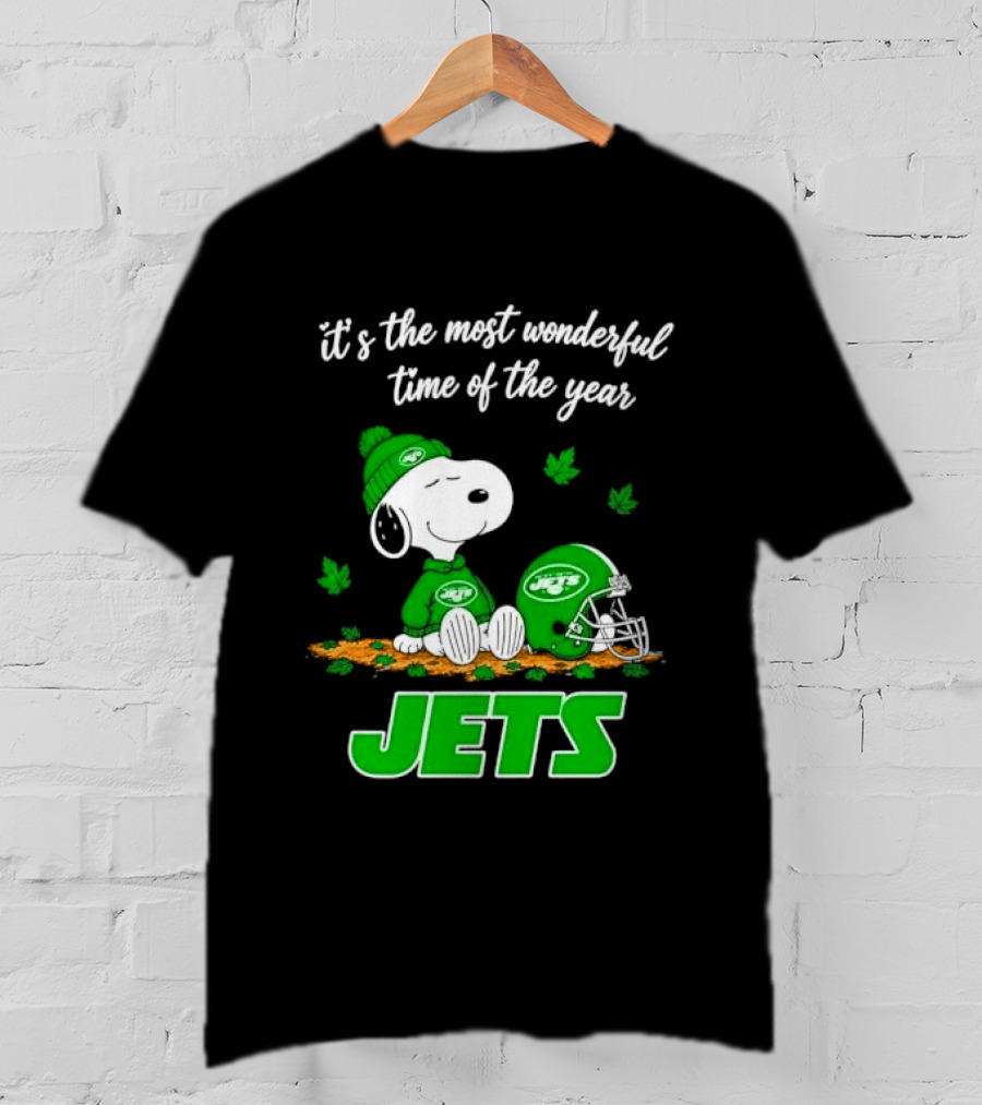 New York Jets It's The Most Wonderful Time Of Year Cartoon Dog Beanie Helmet Autumn Leaves T-Shirt