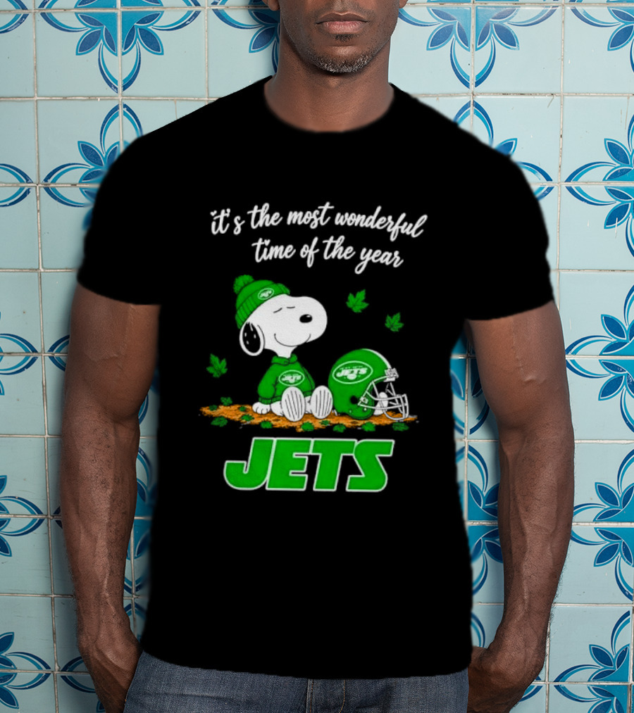 New York Jets It's The Most Wonderful Time Of Year Cartoon Dog Beanie Helmet Autumn Leaves T-Shirt