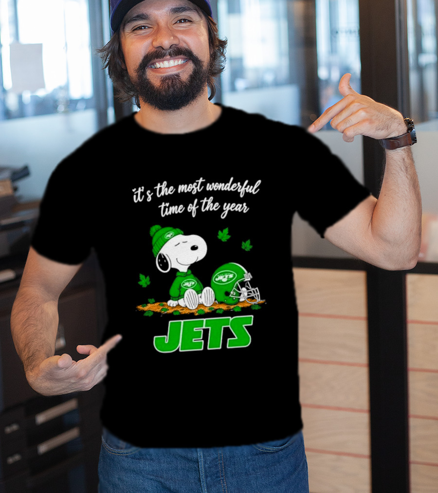 New York Jets It's The Most Wonderful Time Of Year Cartoon Dog Beanie Helmet Autumn Leaves T-Shirt