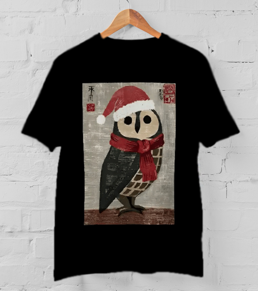 Owl With Red Santa Hat And Scarf Japanese Calligraphy T-Shirt