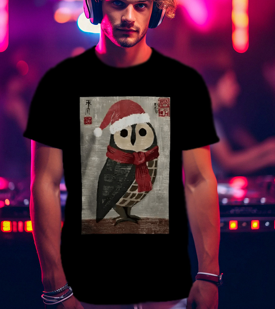 Owl With Red Santa Hat And Scarf Japanese Calligraphy T-Shirt