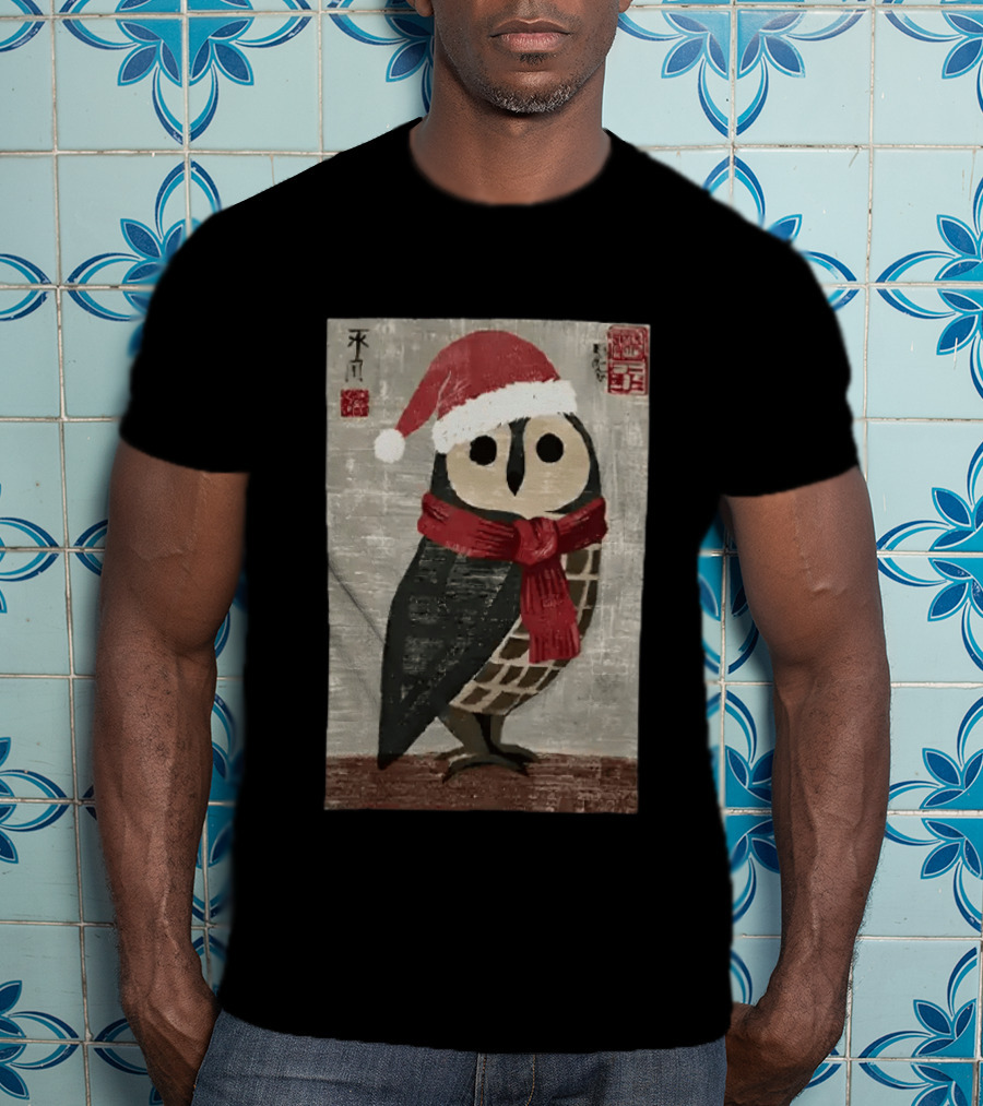 Owl With Red Santa Hat And Scarf Japanese Calligraphy T-Shirt