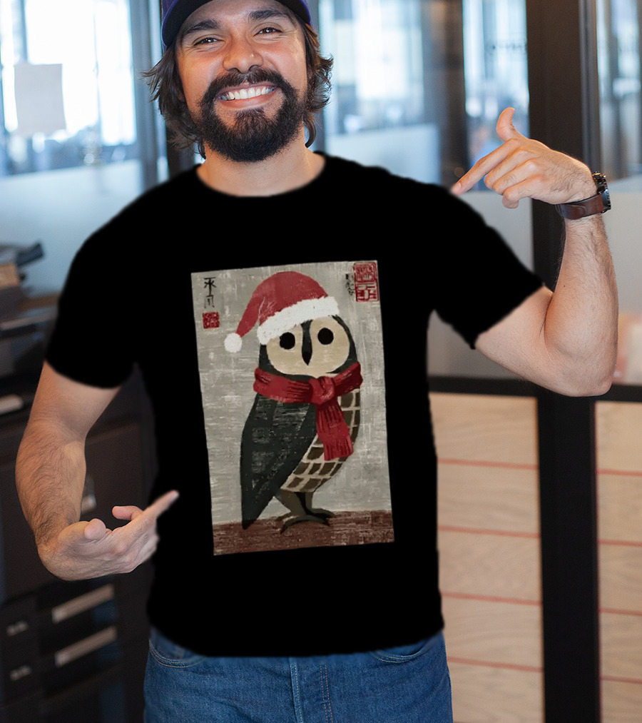 Owl With Red Santa Hat And Scarf Japanese Calligraphy T-Shirt