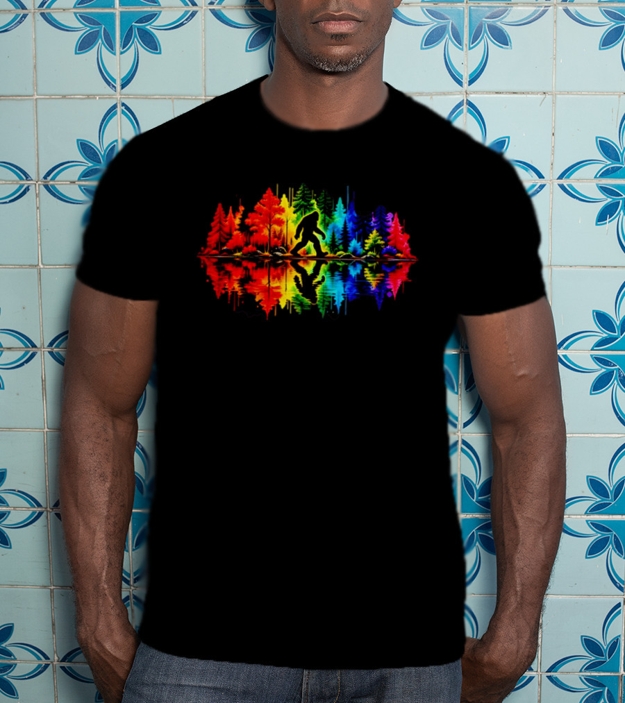 Rainbow Bigfoot Forest Reflection T-Shirt