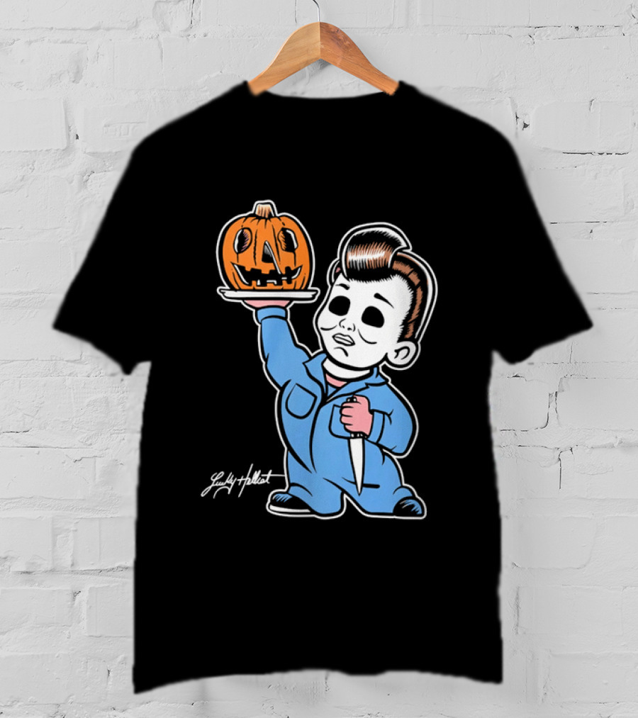 Lucky Hellcat Michael Myers Cartoon Pumpkin Knife Caricature T-Shirt