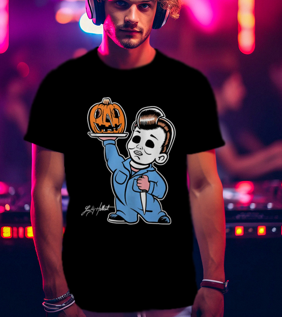Lucky Hellcat Michael Myers Cartoon Pumpkin Knife Caricature T-Shirt