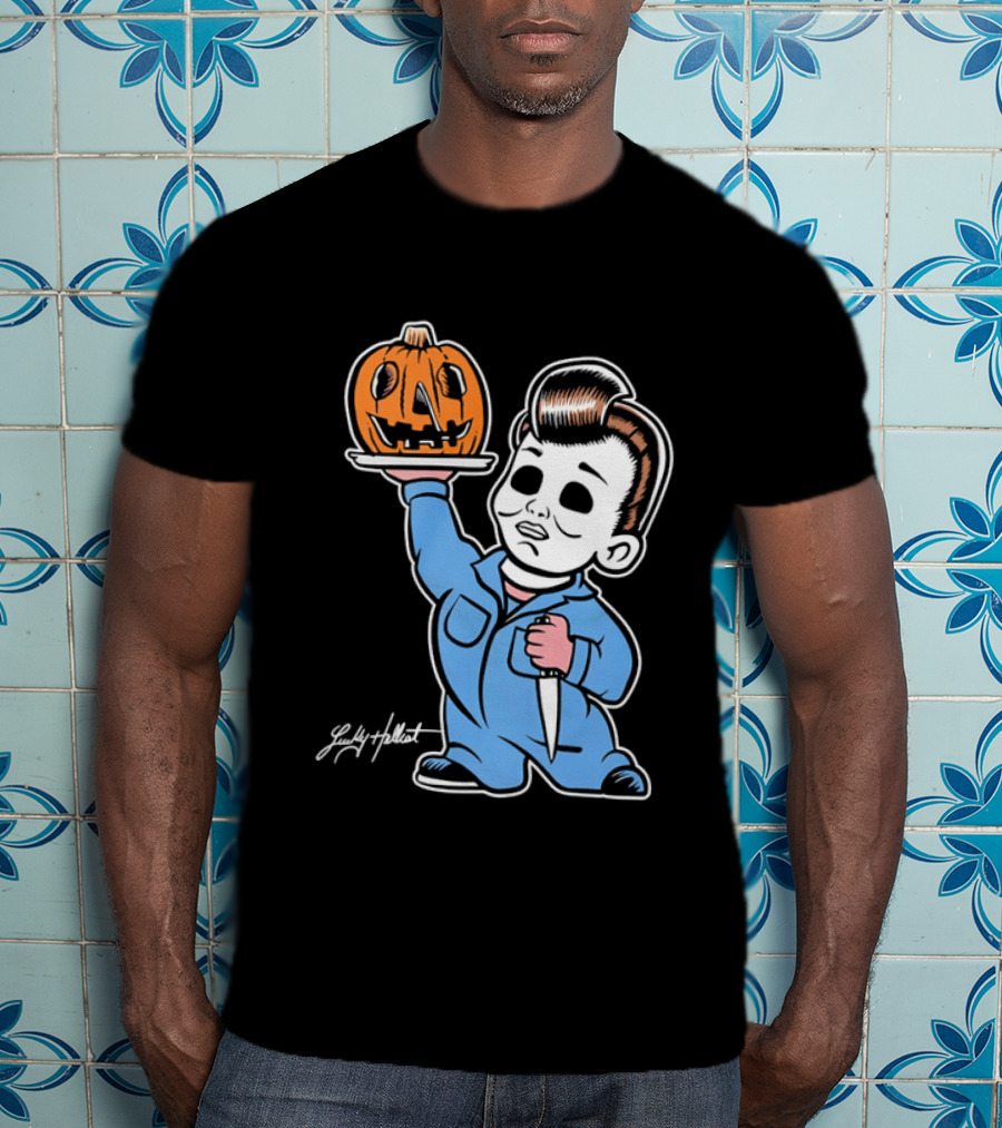Lucky Hellcat Michael Myers Cartoon Pumpkin Knife Caricature T-Shirt