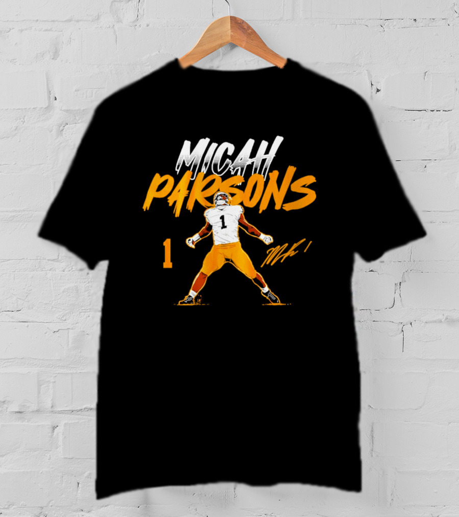 Micah Parsons 1 Pose With Name And Number In White And Orange T-Shirt
