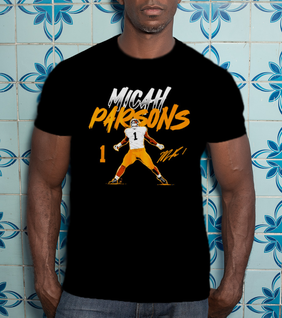 Micah Parsons 1 Pose With Name And Number In White And Orange T-Shirt