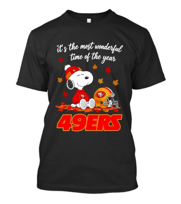 San Francisco 49ers Snoopy Beanie Autumn Leaves Most Wonderful Time T-Shirt