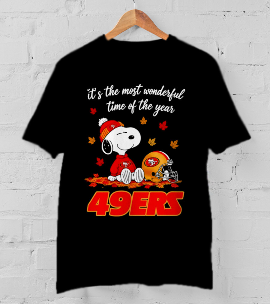 San Francisco 49ers Snoopy Beanie Autumn Leaves Most Wonderful Time T-Shirt