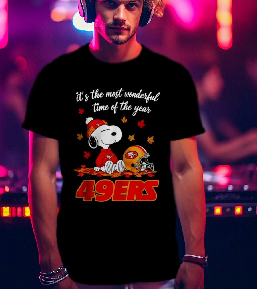 San Francisco 49ers Snoopy Beanie Autumn Leaves Most Wonderful Time T-Shirt