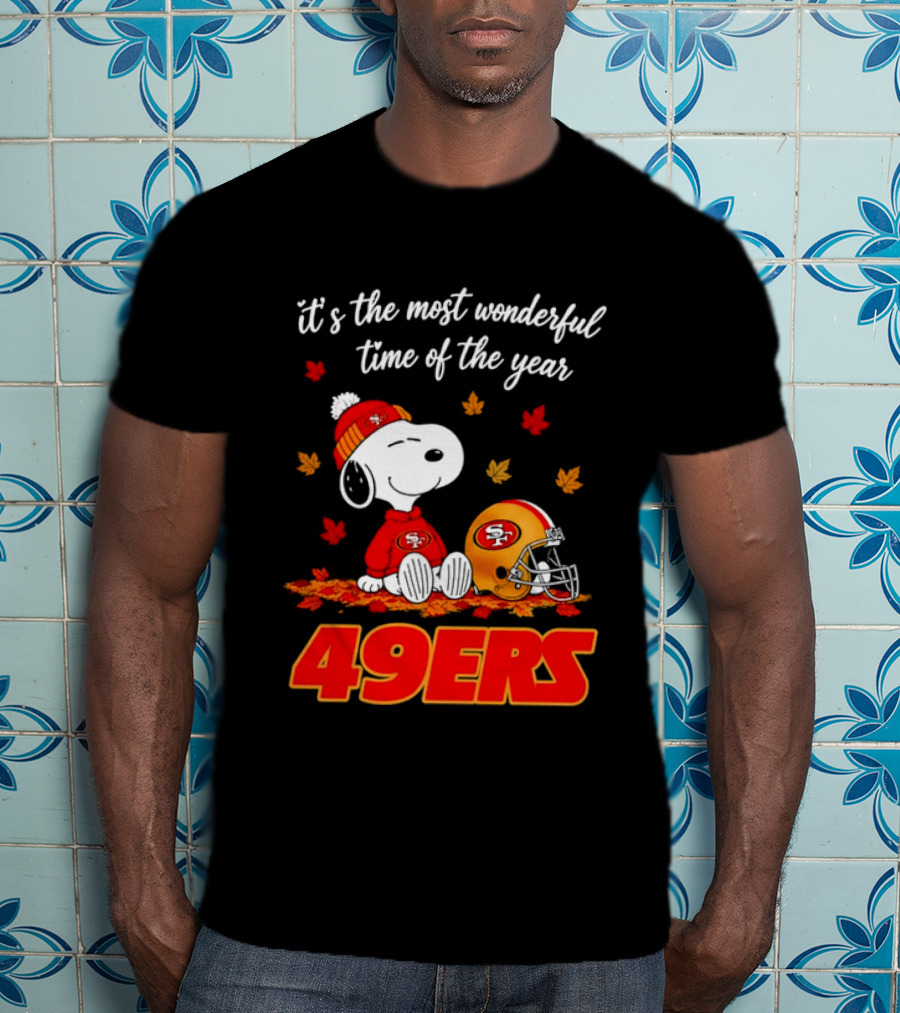 San Francisco 49ers Snoopy Beanie Autumn Leaves Most Wonderful Time T-Shirt