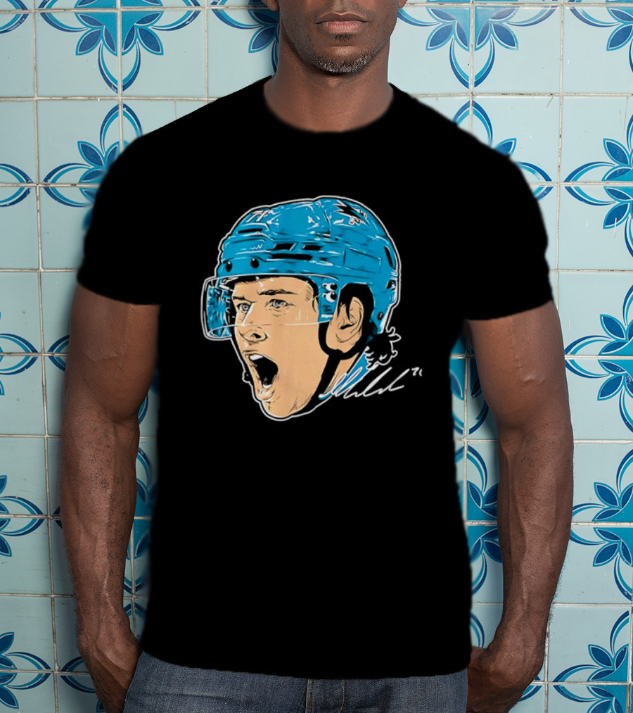 San Jose Sharks NHL 71 Yelling Hockey Player Helmet Caricature T-Shirt