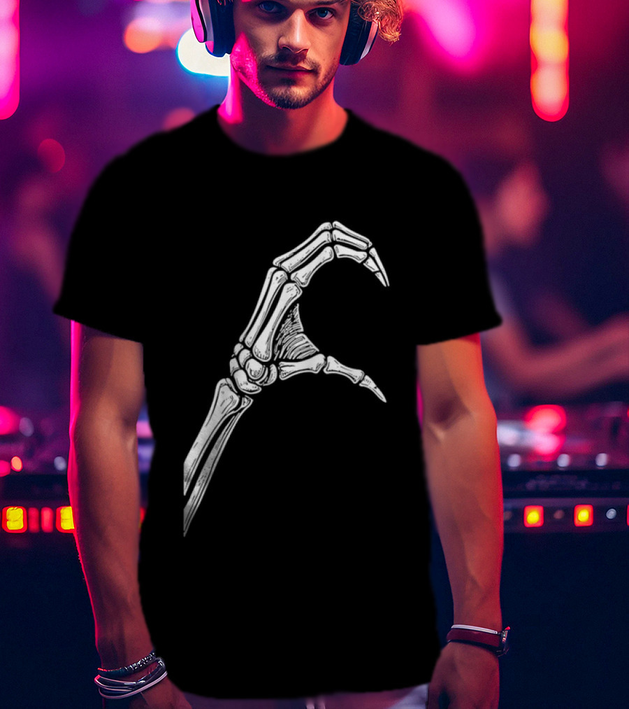 Skeleton Bone Hand Half Heart Gesture Line Sketch T-Shirt