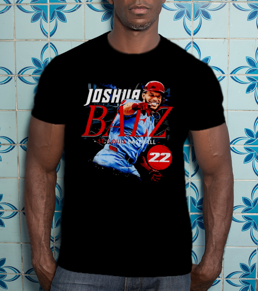 Joshua Baez 22 St Louis Baseball Red Helmet Distressed Photo T-Shirt