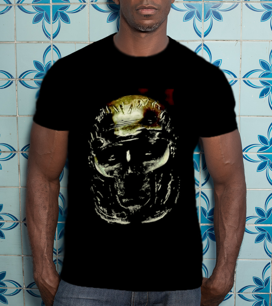 Dark Metallic Sculpted Skull Mask With Stylized Roman T-Shirt
