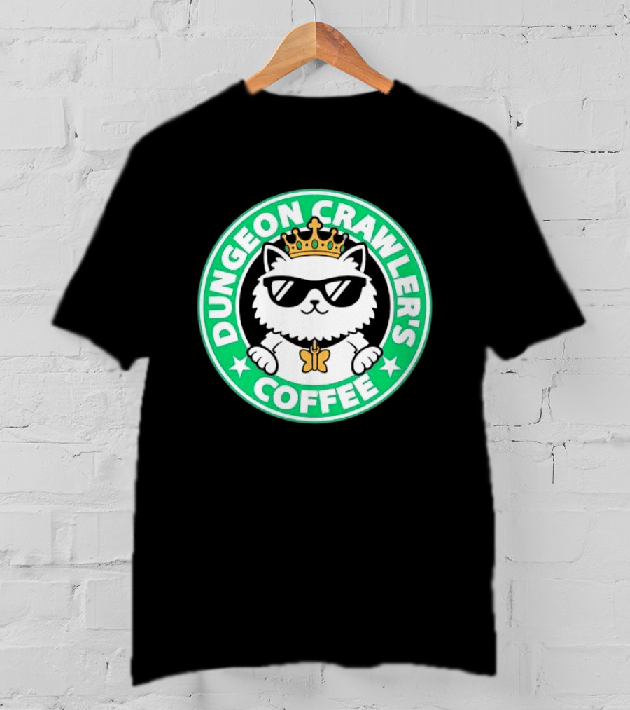 Dungeon Crawlers Coffee White Cat Crown Sunglasses T-Shirt