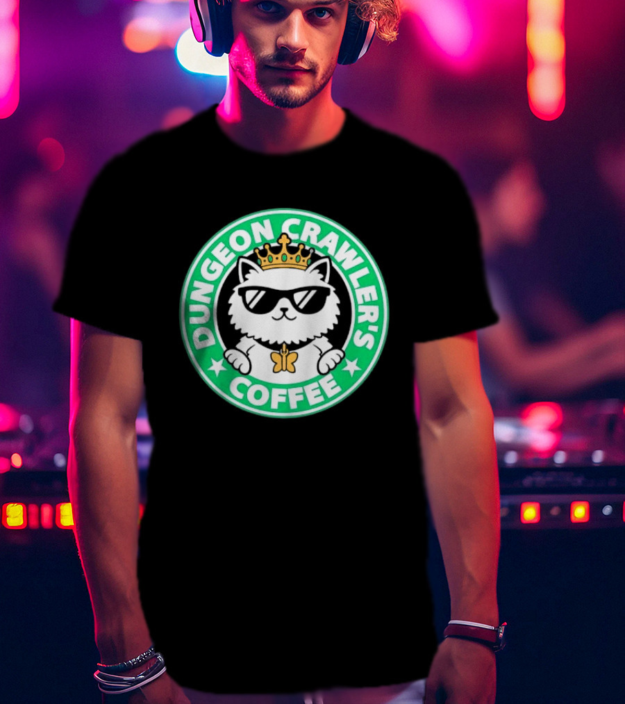 Dungeon Crawlers Coffee White Cat Crown Sunglasses T-Shirt