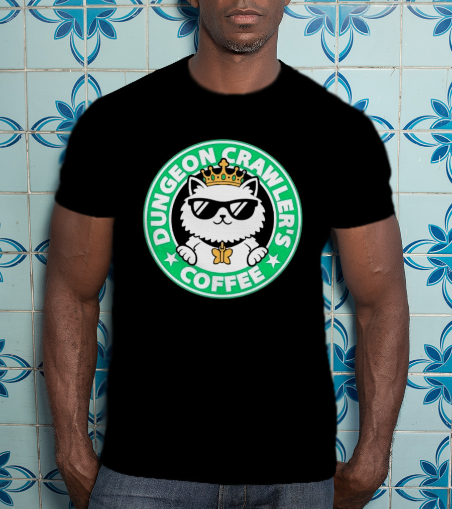 Dungeon Crawlers Coffee White Cat Crown Sunglasses T-Shirt