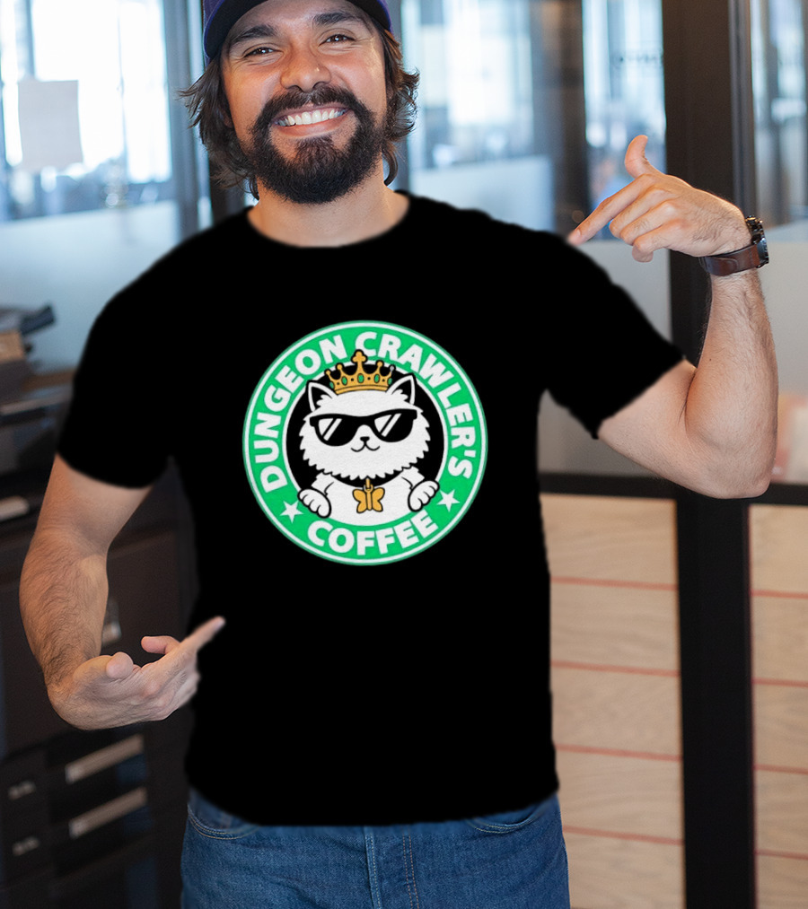 Dungeon Crawlers Coffee White Cat Crown Sunglasses T-Shirt
