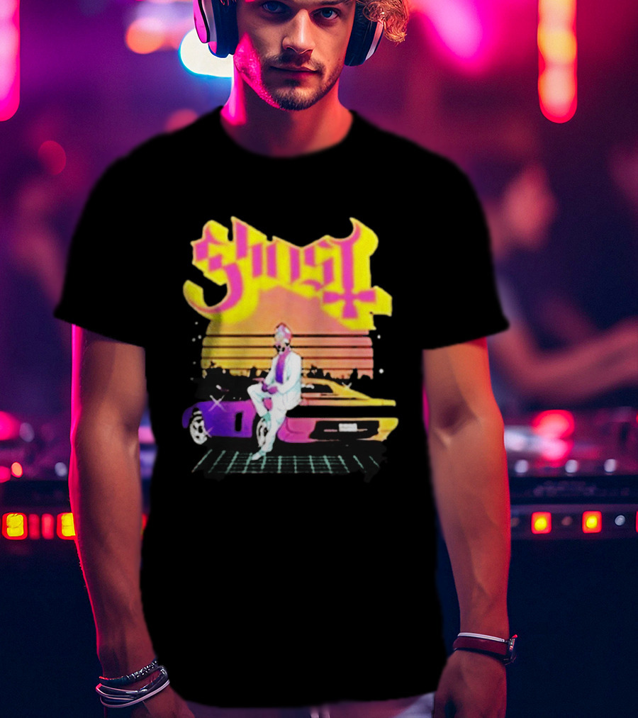 Ghost Miami Vice Retro Sunset Car Scene T-Shirt